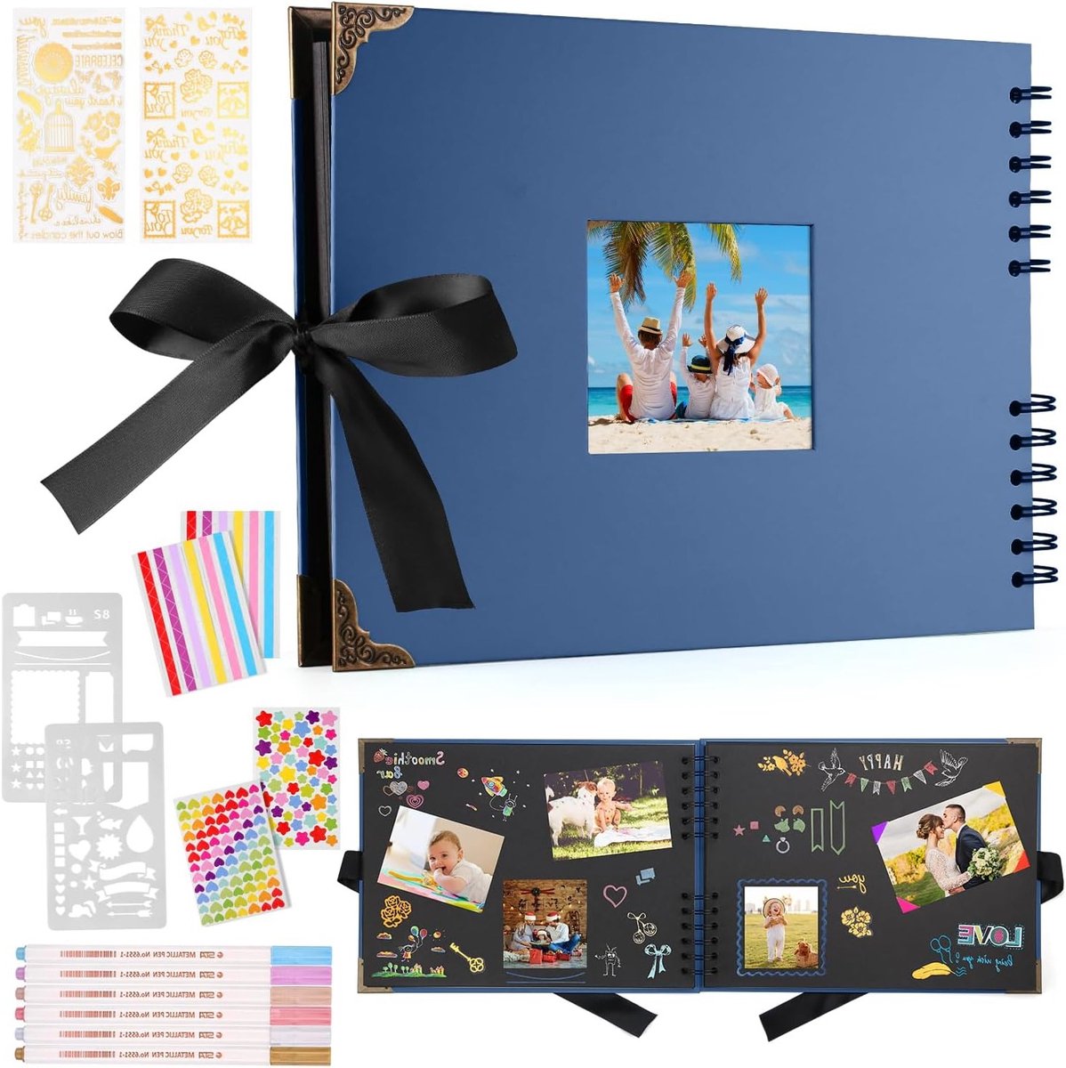 Fotoalbum met 80 pagina's in zwart, ideaal voor scrapbooking en gastenboeken, 29,5 x 21 cm, inclusief 6 metalen pennen voor 160 foto's, perfect voor verjaardagen en bruiloften