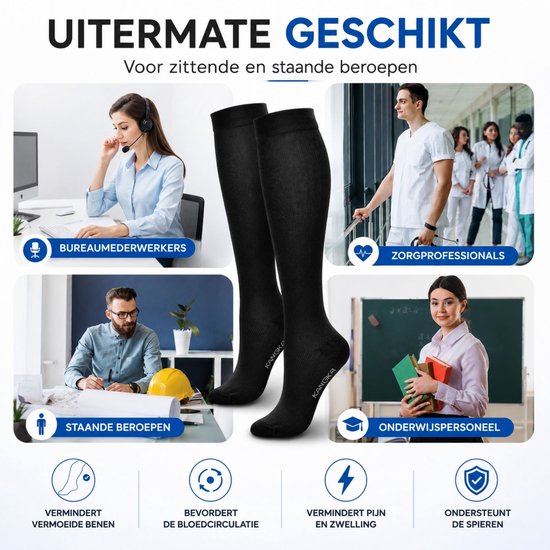 KANGKA Compressiekousen 20-30 mmHg maat 41-43 (L) - Steunkousen Vliegtuig - Compressie sokken voor Hardlopen Wandelen - Unisex - Zwart