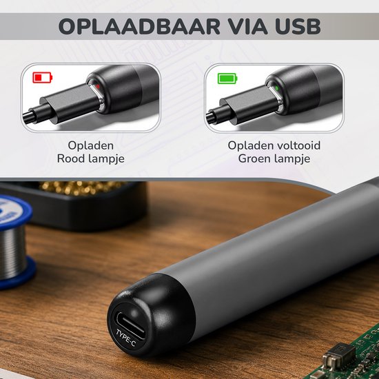 Opladen van de grijze soldeerbout via USB-C: rood lampje voor opladen, groen lampje voor voltooien.
