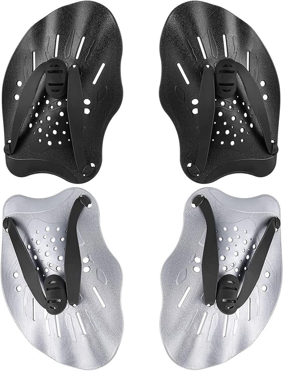Handpaddles voor Zwemtraining - 2 Paar Zwart en Grijs, Verstelbare Bandjes, Krachttraining, Zwemaccessoires voor Volwassenen en Kinderen