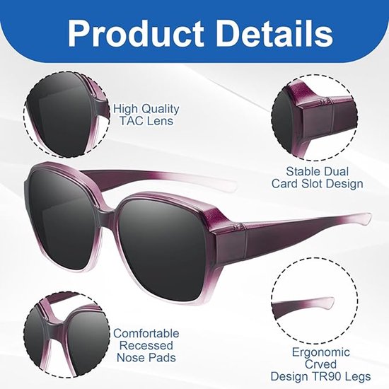 Details van paarse zonnebril: hoogwaardige TAC-lens, stabiel dubbel kaartslotontwerp, comfortabele neuspads, ergonomisch gebogen pootjes.