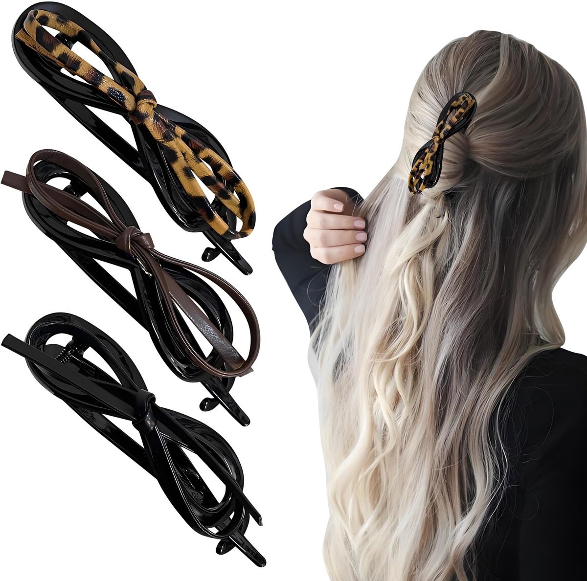 Dailygoods - Set van 3 Lederen Haarspelden met Strik voor Vrouwen