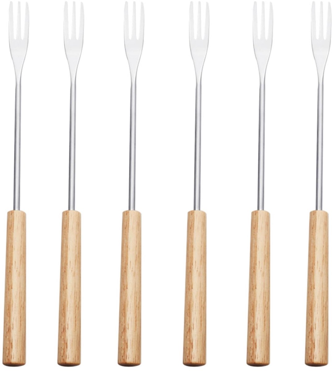 Dailygoods - Dailygoody - Set van 6 kaasfonduevorken - Roestvrij staal - Hittebestendige handgreep - Houtkleur - Fonduebestek voor kaas en chocolade - Geschik