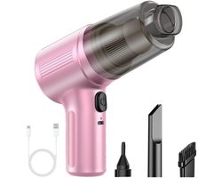 Deze draadloze handstofzuiger voor in de auto heeft een krachtige zuigkracht en een blaasfunctie, ontworpen voor het efficiënt verwijderen van stof, vuil en kleine voorwerpen (roze).