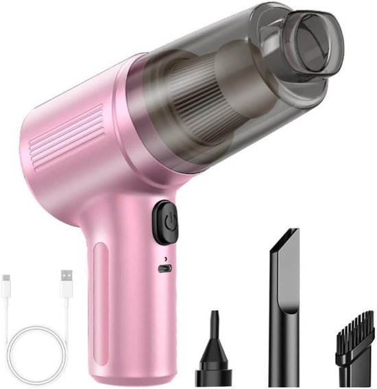 Deze draadloze handstofzuiger voor in de auto heeft een krachtige zuigkracht en een blaasfunctie, ontworpen voor het efficiënt verwijderen van stof, vuil en kleine voorwerpen (roze).