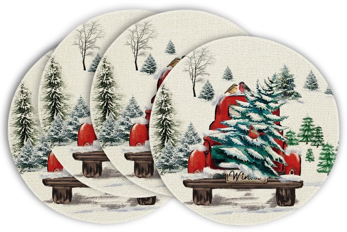 Dailygoods - Dailygoody - Waterverf Placemats - Set van 4 - Vintage Rond 37 cm - Wasbaar - Kerstmis Decoratie - Perfect voor Feestelijke Tafels