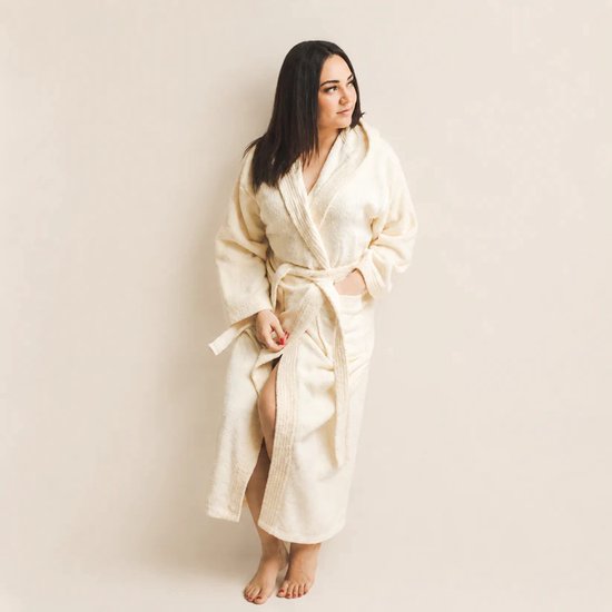 Sauna Badjas Dames met Capuchon - 100% Katoen Badstof Met Zakken - Bordeaux Beige - Maat M - Badjas Dames Katoen