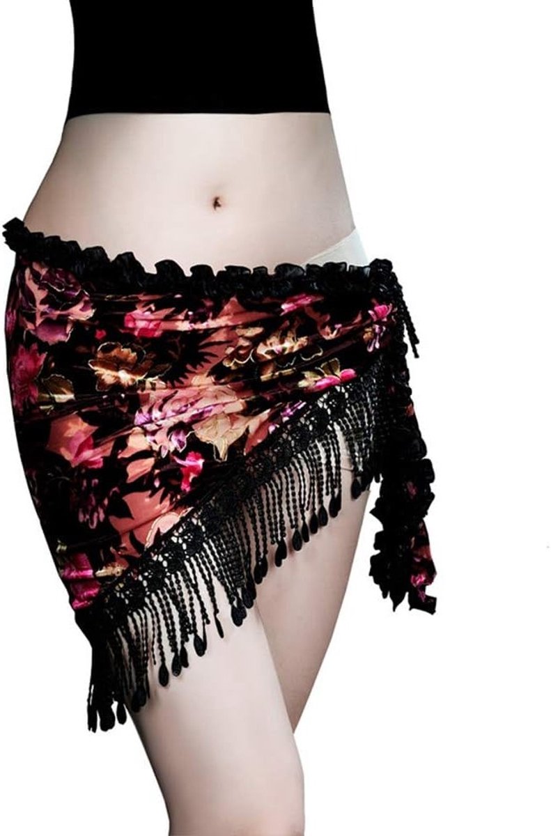 Belly dance rok met sexy kant, driehoekige heupsjaal en fluwelen franjes voor vrouwen - Perfect voor Flamenco en danskostuums