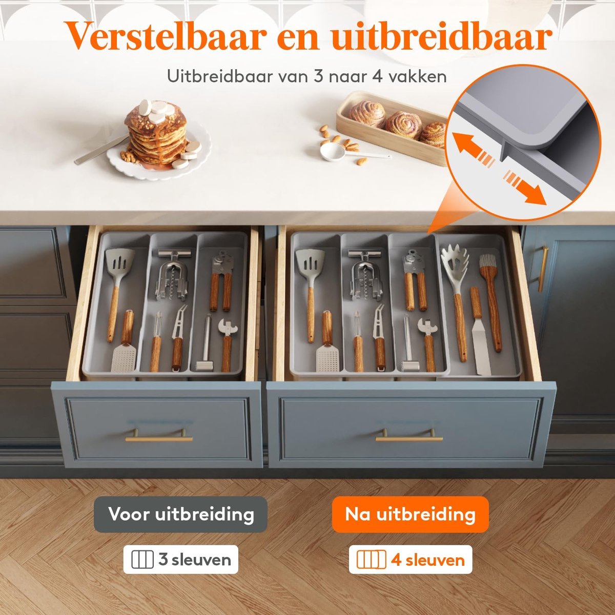 Dailygoody - OmGoods - Dailygoody - Keukengerei Lade Organizer - Uitbreidbaar Bestekbak - Verstelbaar en Veilig - Grijs - Bestek Houder - Ideaal voor Keuken - 4 Vakken