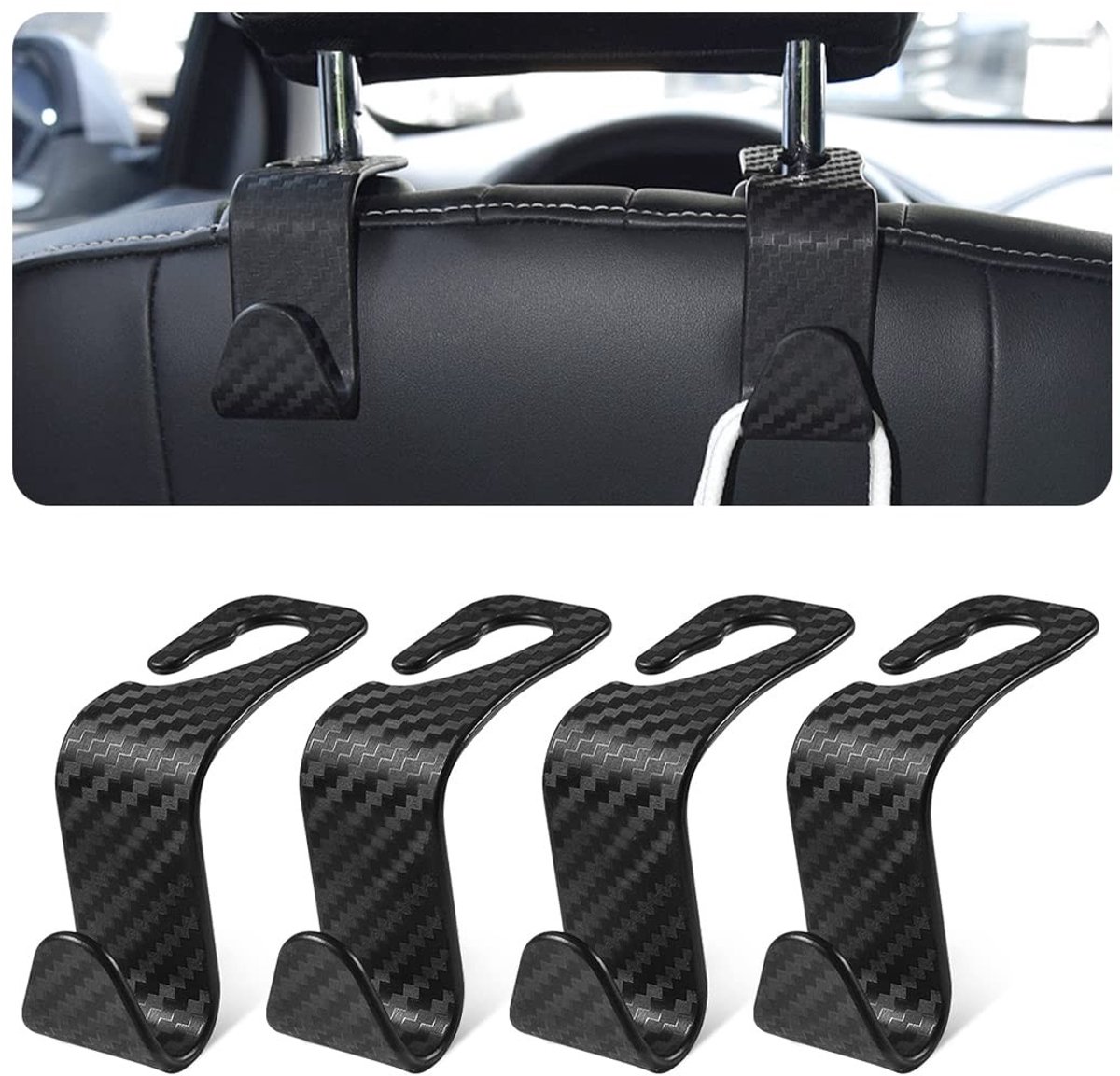 Dailygoody - Haken voor Hoofdsteun - Autohaken - Kunststof - Organiser voor Kleding - 4 Stuks - Geschikt voor Auto's - Zwart