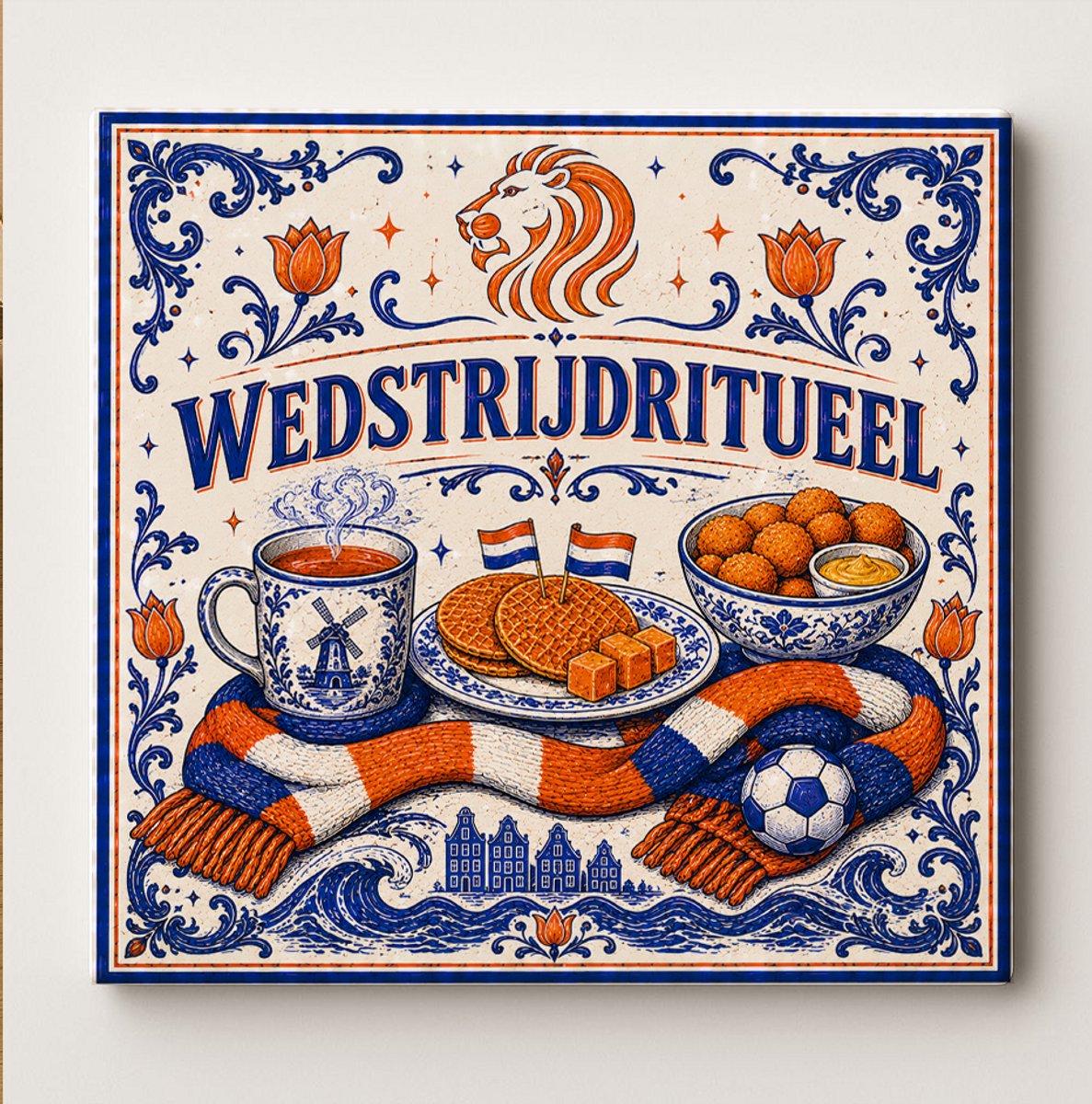 Bedruk King Nederlandse Wedstrijdritueel Voetbaltegel – Delfts Blauwe Stijl met Voetbal, Mok, Hollandse Snacks en Oranje Leeuw – Decoratieve Keramische Supporter Cadeautegel Wit