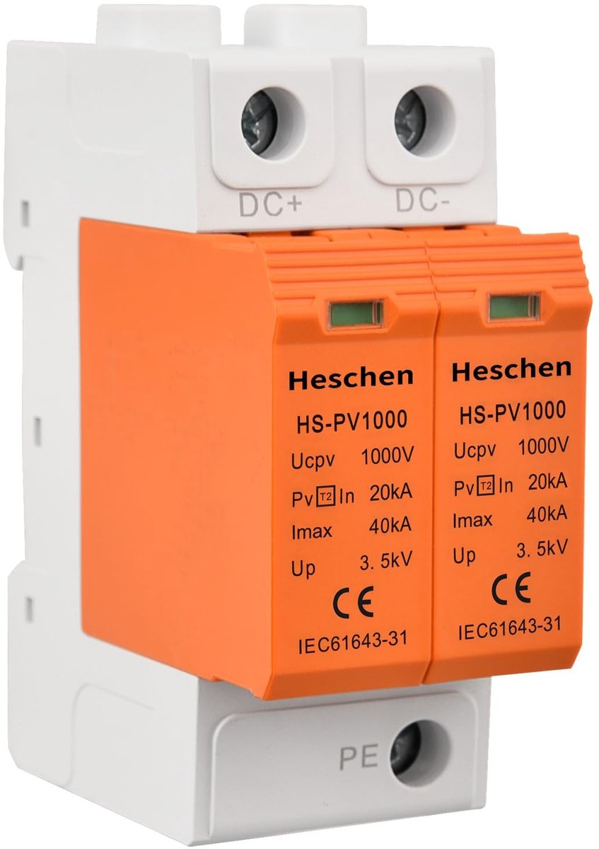 Dailygoody - Overspanningsbeveiliging - 1000VDC - Vuurvast - 35mm DIN-railmontage - 2P 20KA - Geschikt voor zonnepanelen - HS-PV1000