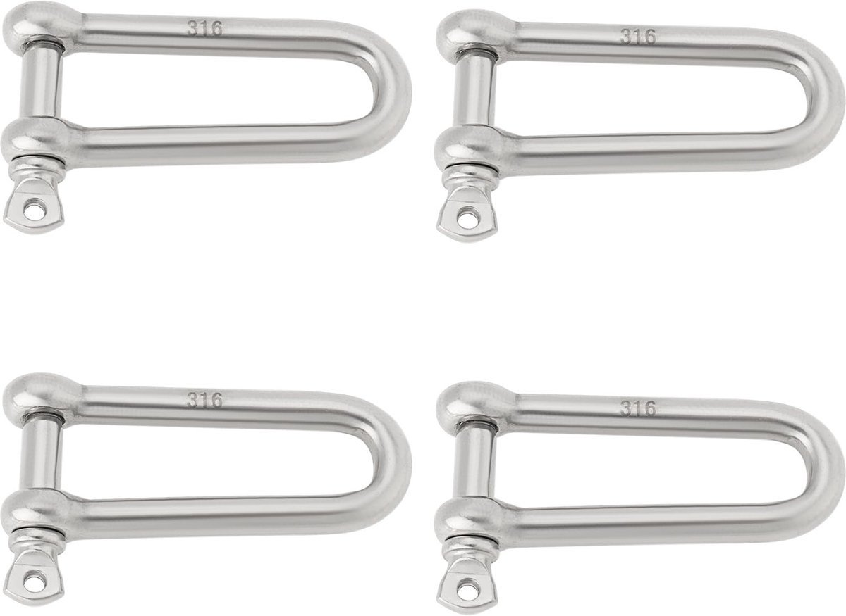 Dailygoody - D-sluiting - Roestvrij staal - 8mm - Lange beugel - Geschikt voor watersport en kamperen - 4 stuks