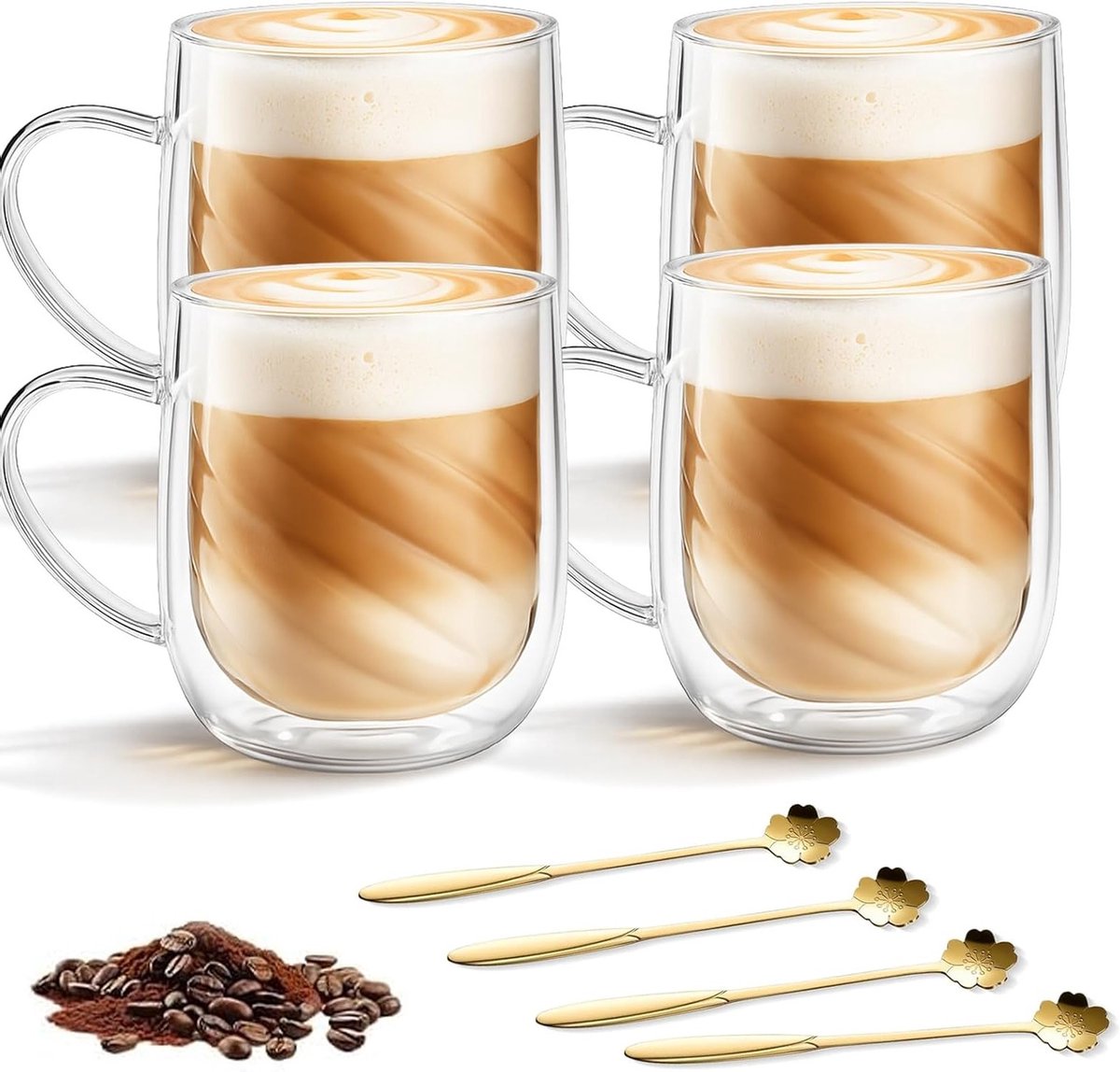 Set van 4 Dubbelwandige Borosilicaat Glazen voor Latte Macchiato, Cappuccino en Thee - 350 ml met Handvat en Lepel