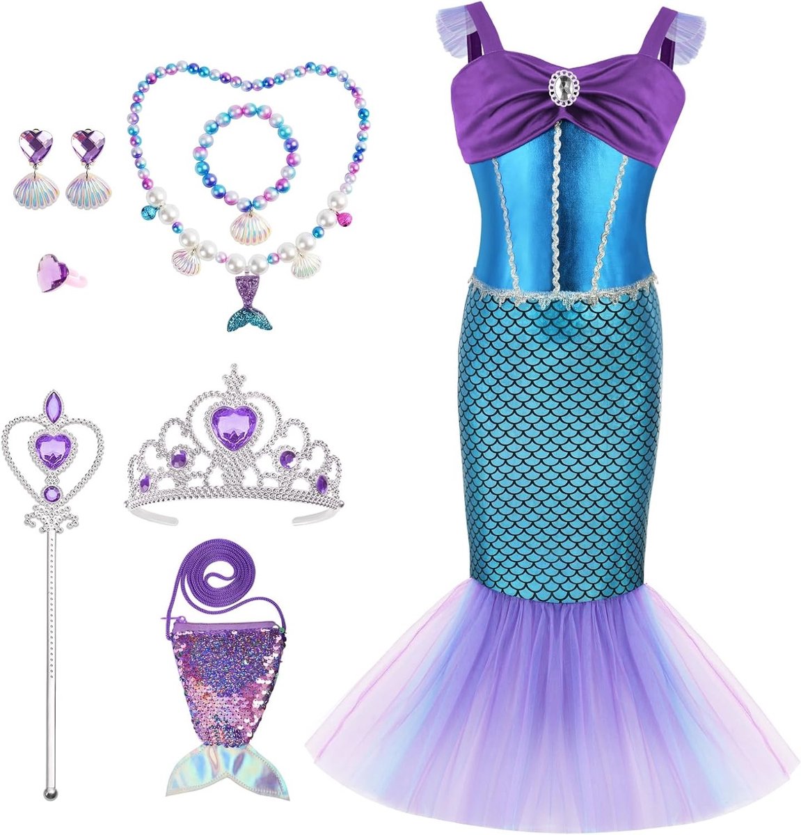 Schitterend zeemeermin kostuum voor meisjes met toverstaf, ketting en accessoires voor fantasievolle cosplay en verkleedfeestjes