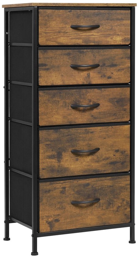 Hoge ladekast met 5 lades, zwart metalen frame en vintage bruine houtlook laden.