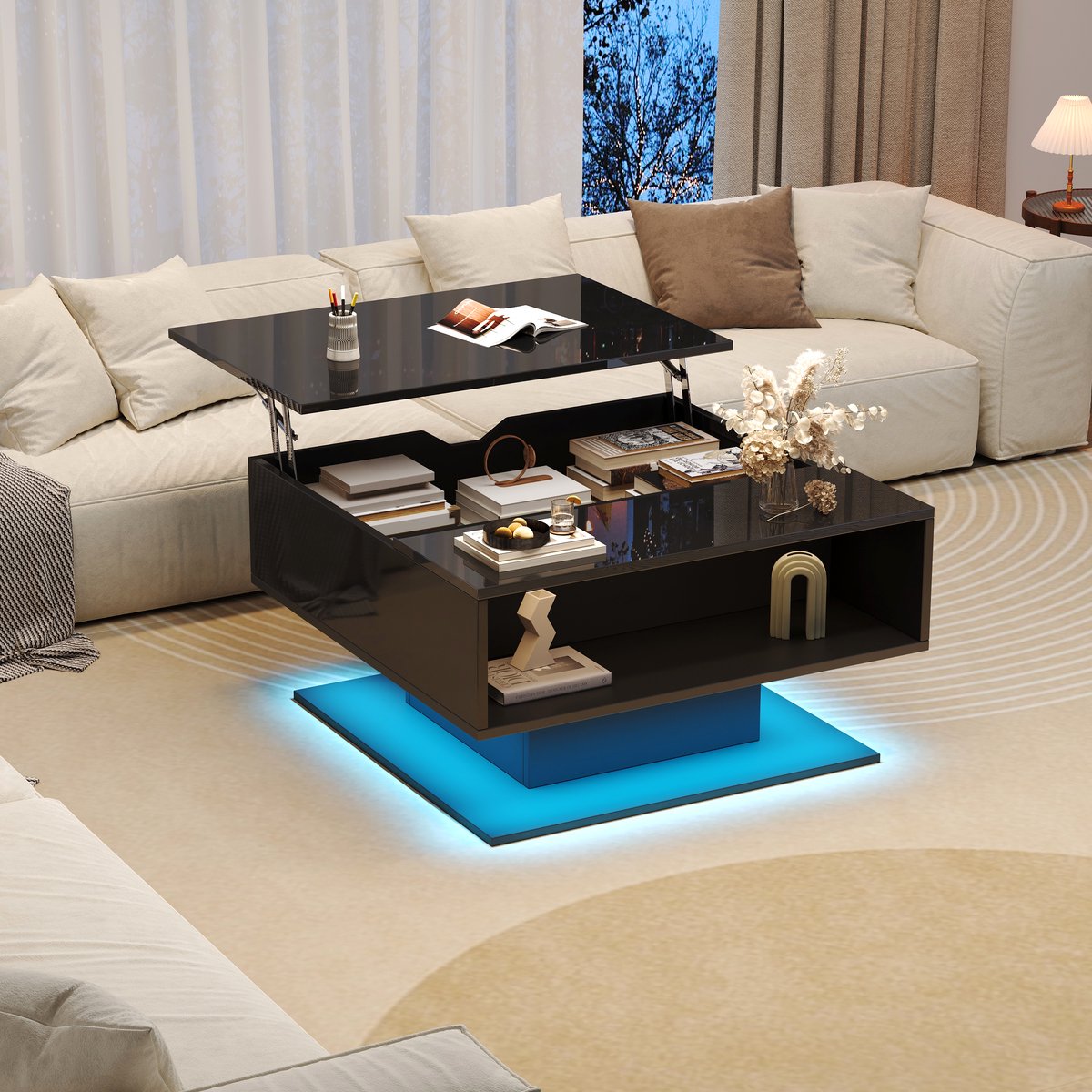 MODENUIT Salontafel - Hefbaar Tafelblad Met LED En Opbergruimte - Voor Woonkamer - Hoogglans Zwart - 80x75x40 cm