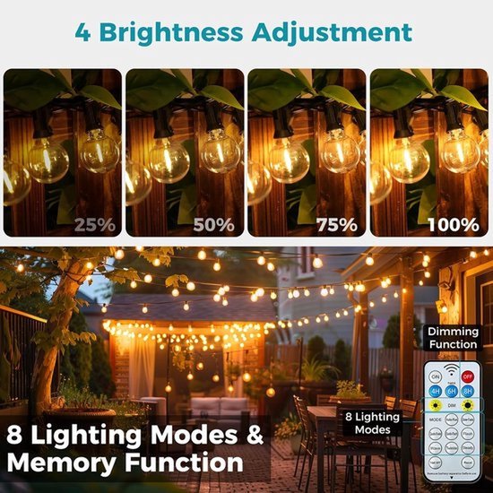 Dimbare zonne-energie buitenverlichting, 8 standen, 9 meter, 15 LED's, IP65 waterdichte lichtslinger voor tuin, terras, tuin, pergola, feest van Merkloos — afbeelding 5
