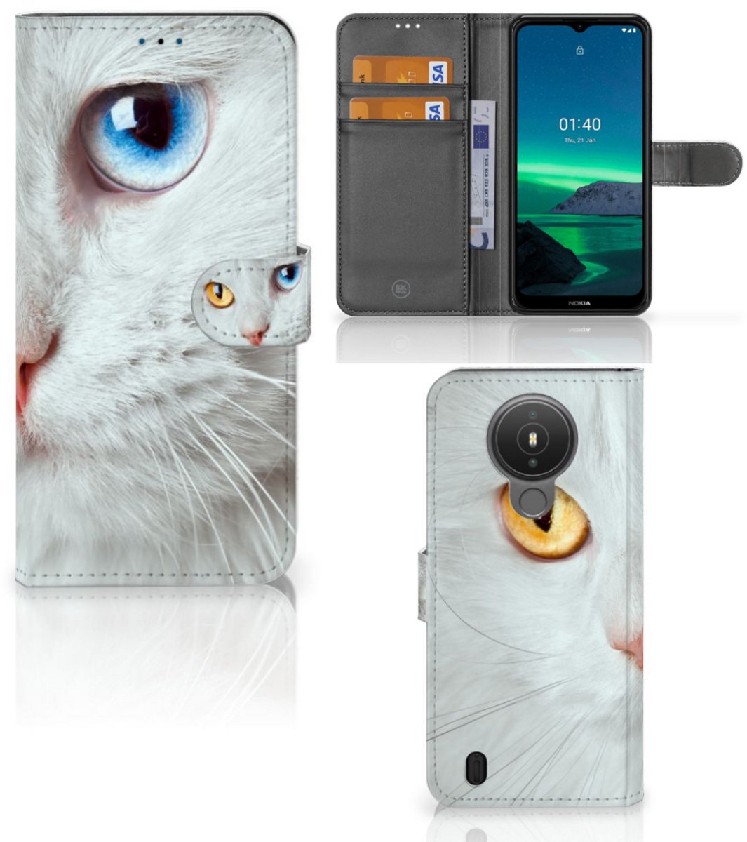 Nokia 1.4 Telefoonhoesje met Pasjes Witte Kat