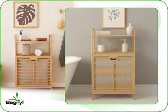 Bruine bamboe wasmandkast met twee planken, gevuld met handdoeken en zeepdispenser, in een badkamer.