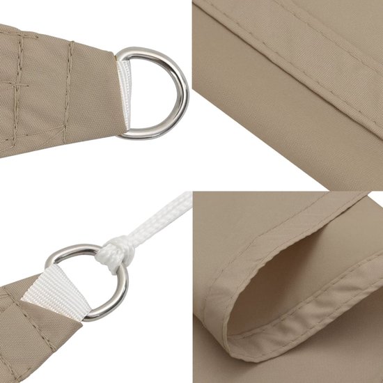 Beige schaduwdoek met metalen D-ringen en versterkte hoeken.