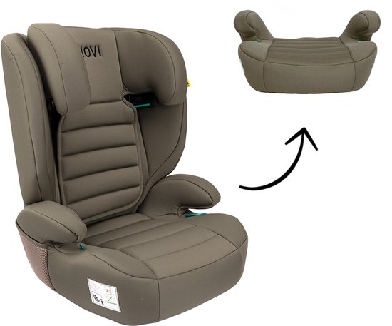 Siège auto et rehausseur taupe foncé avec inscription "NOVI", avec une flèche pointant vers le rehausseur.