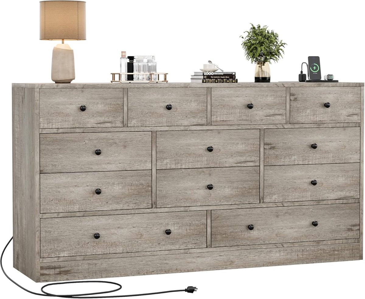 HOERFURIY Ladekast, ladekast - Ladekast met 12 lades en stopcontact - Houten ladekast van 155 cm breed - met 2 stopcontacten en 2 USB-poorten - 155 × 80 × 40 cm - Set van 2 - Antiek wit