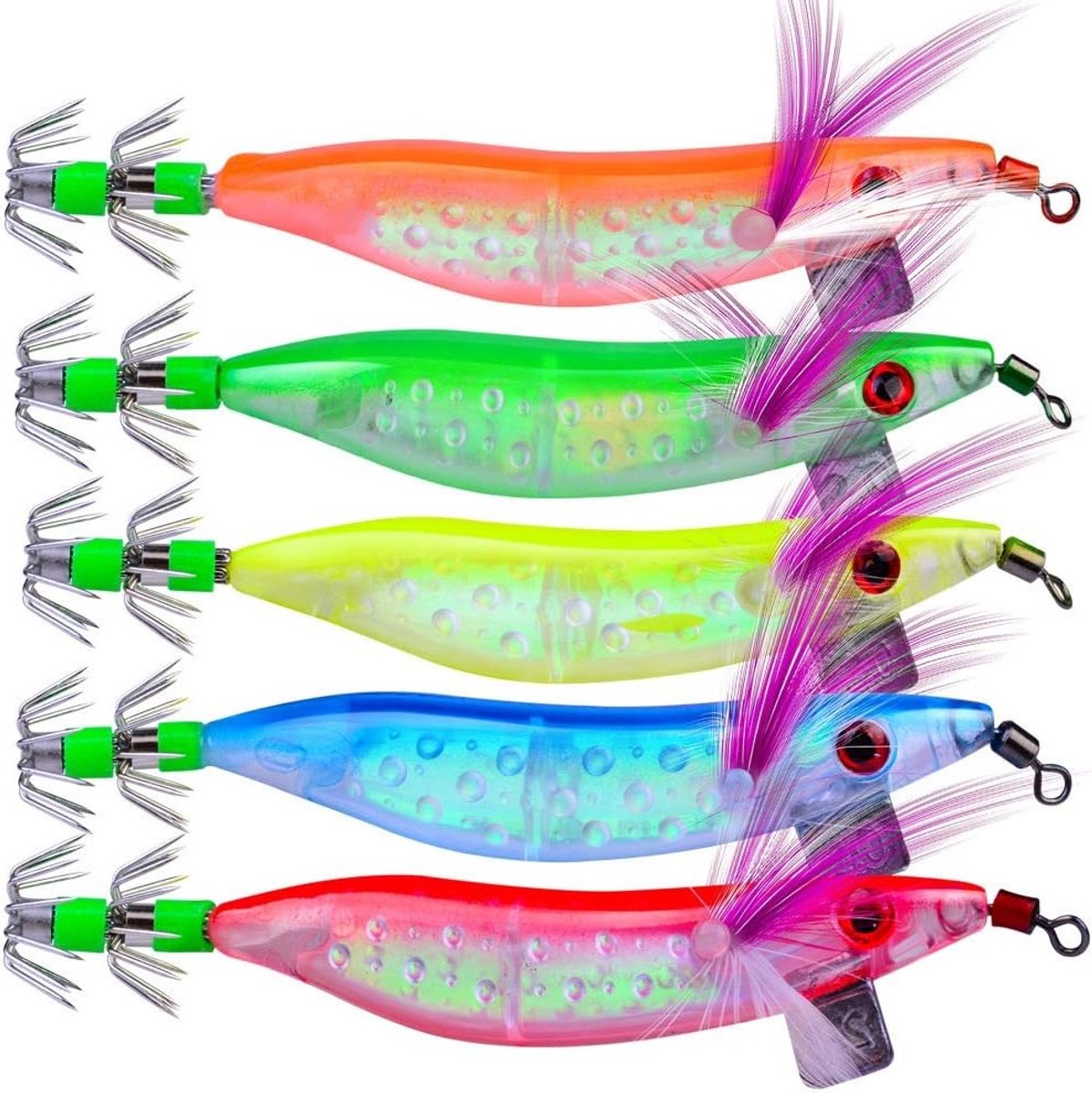 Vijf Stuks Luminous Aas voor Zout- en Zoetwater - Inktvis, Octopus en Baars Lures met Glimworm Garnalen Aas