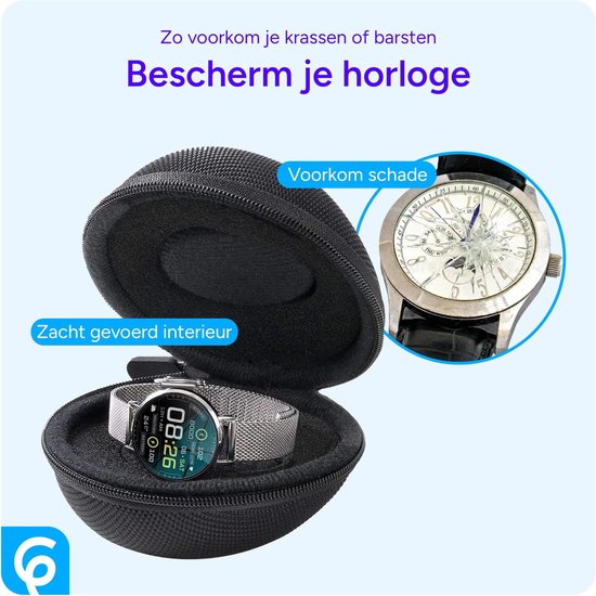 Zwart, rond horlogedoosje met een zilverkleurig smartwatch erin. Een ander horloge met gouden wijzers wordt ernaast getoond.