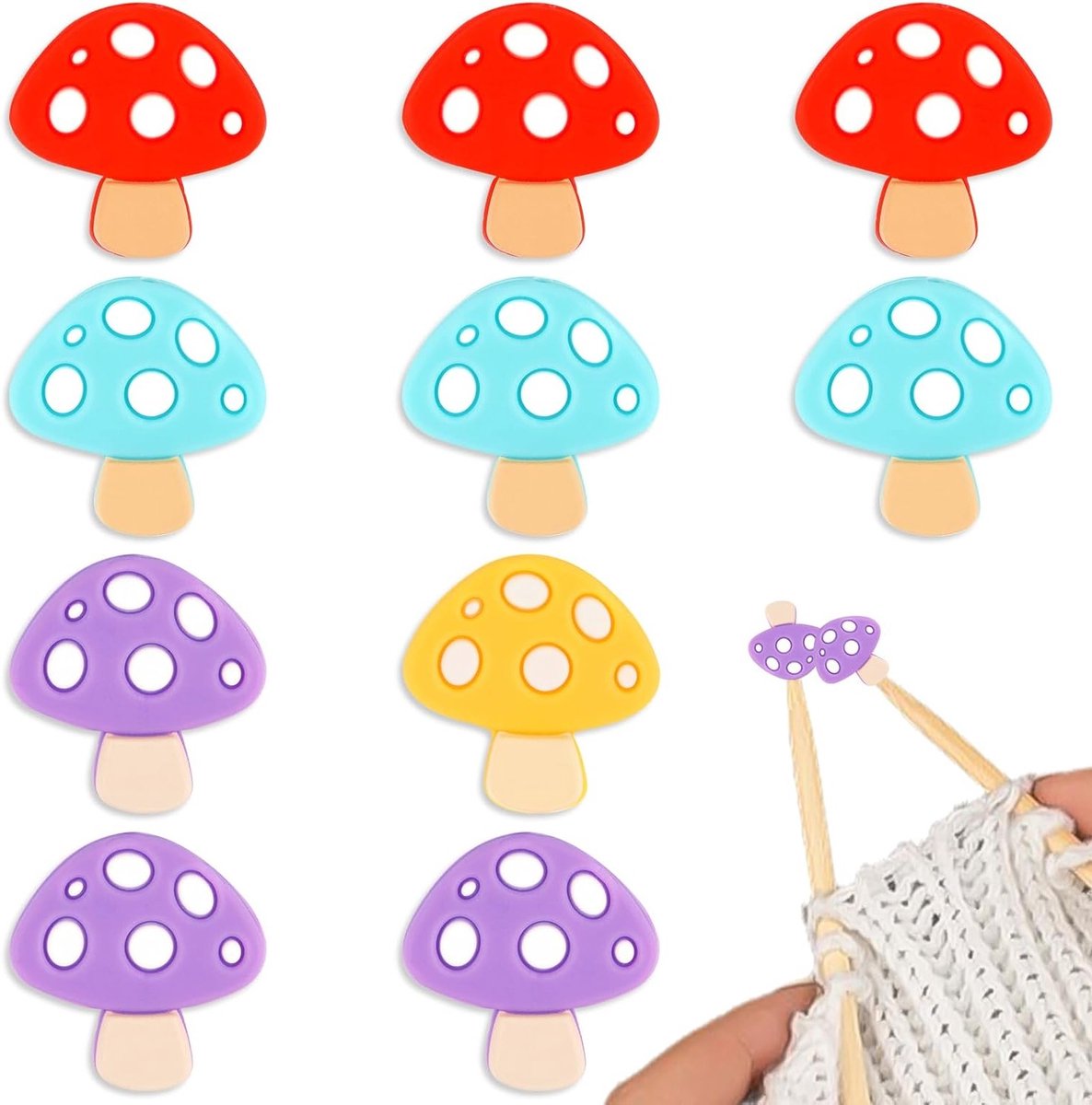 Set van 10 Schattige Paddenstoel Breinaalden Stoppers van Silicone - Beschermende Caps voor Beginners en Creatieve DIY Projecten in Vier Kleuren