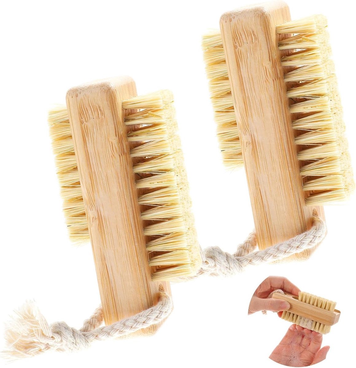 Set van 2 houten nagelborstels voor het reinigen van vingernagels, dubbelzijdige nagelborstels met ophangkoord voor effectieve nagelverzorging en schrobben
