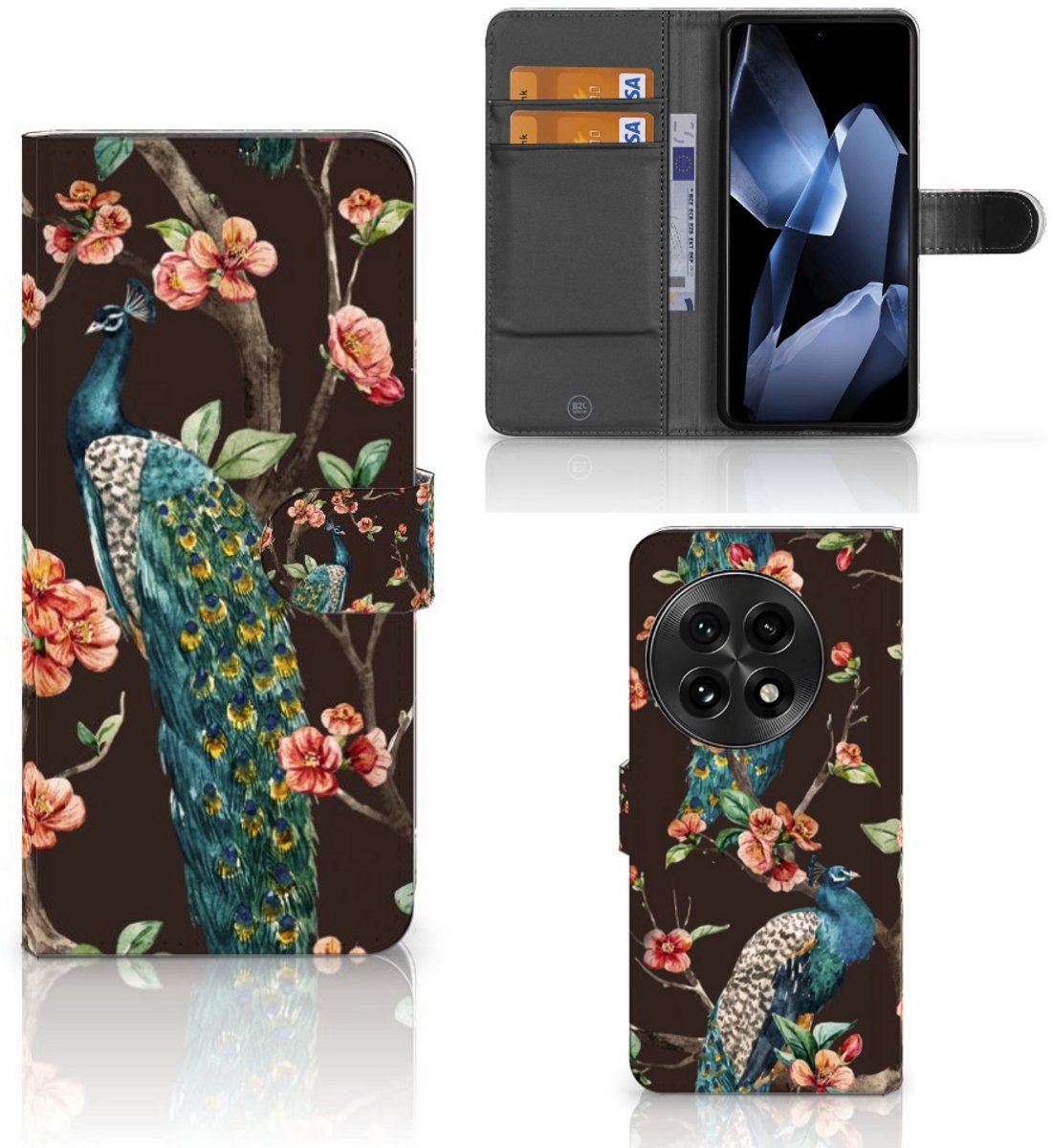 OnePlus 13 Telefoonhoesje met Pasjes Pauw met Bloemen