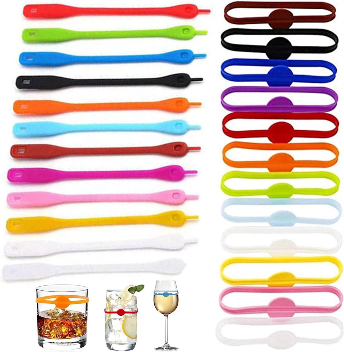 Kleurige Silicone Marker Ringen en Clips voor Wijnglazen, Cocktailglazen en Bekers - 24 Stuks Set voor Feestjes en Evenementen
