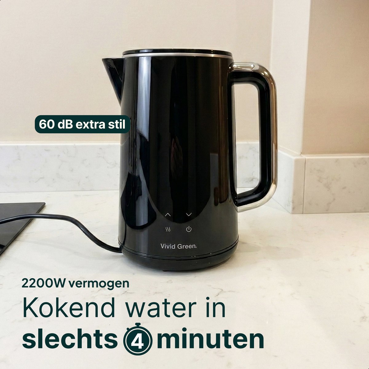 Vivid Green 2200W Waterkoker - 1.7L - Instelbare Temperatuur - BPA-vrij - Dubbelwandig - Warmhoudfunctie - Elektrisch - RVS - Zwart — afbeelding 4