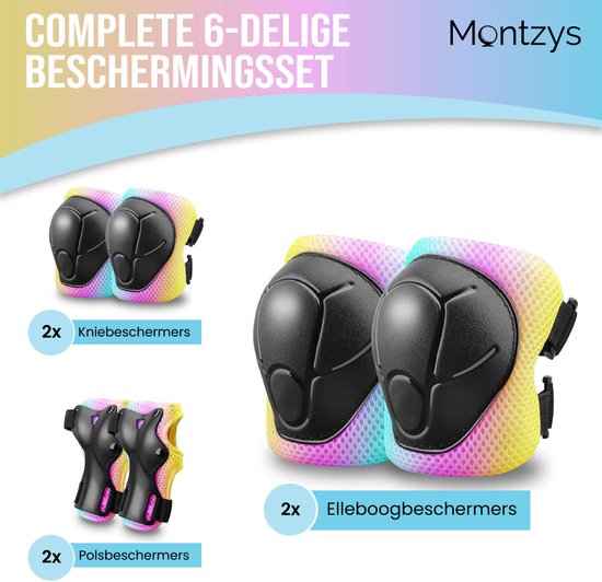 Montzys complete 6-delige beschermingsset: 2x kniebeschermers, 2x elleboogbeschermers, 2x polsbeschermers in regenboogkleuren.