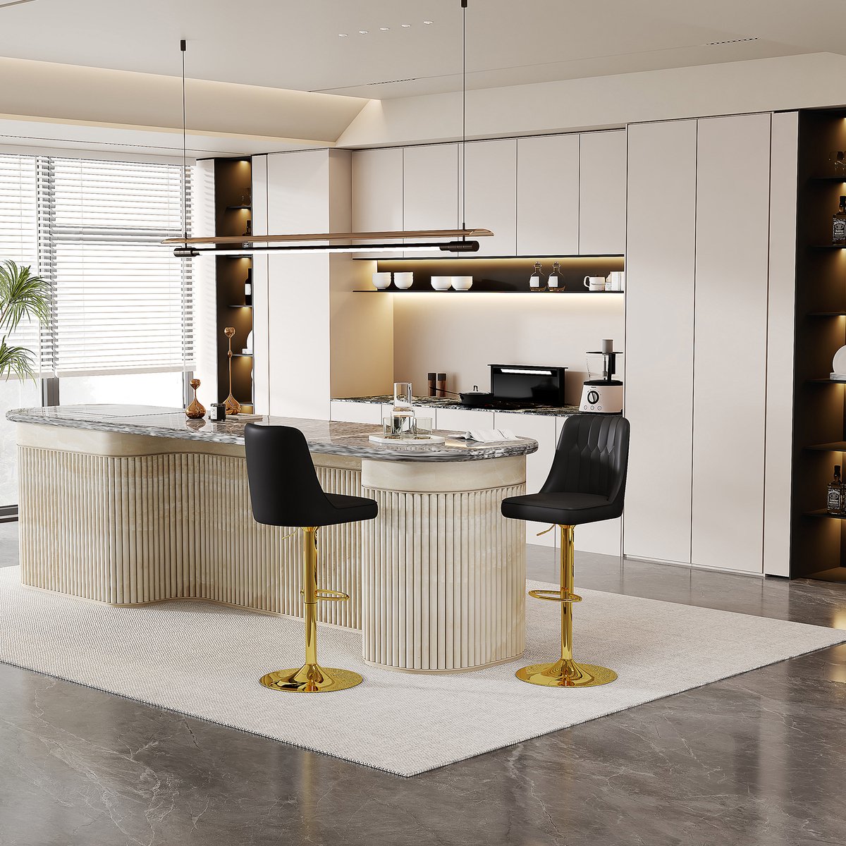 Wishdor Barkrukken Set Van 2 - In Hoogte Verstelbaar En 360 Graden Draaibaar - Modern Ontwerp Met Gestikte Rugleuning - Voor Keukeneiland - Metaal En Kunstleer - Zwart En Goud - 63-85 Cm Zithoogte Zwart + Goud
