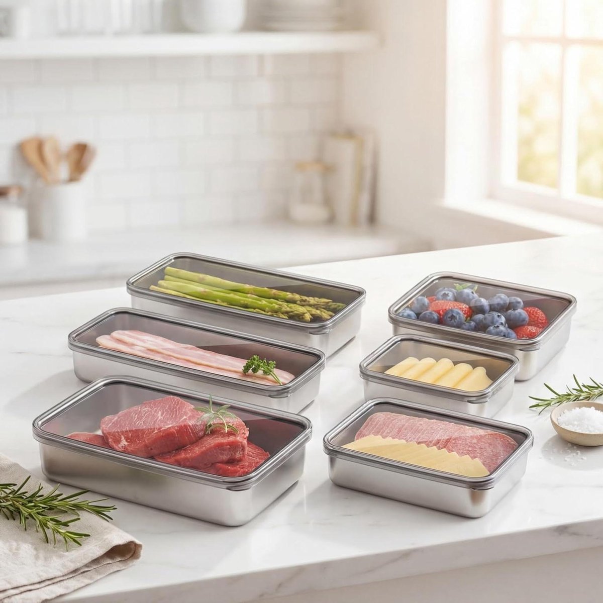 Bacon Kaas Container Set - Voedsel Bewaarbakjes - Koelkast Organisatie - Verhoogde Bodem Ontwerp - 6 Stuks - Zwart