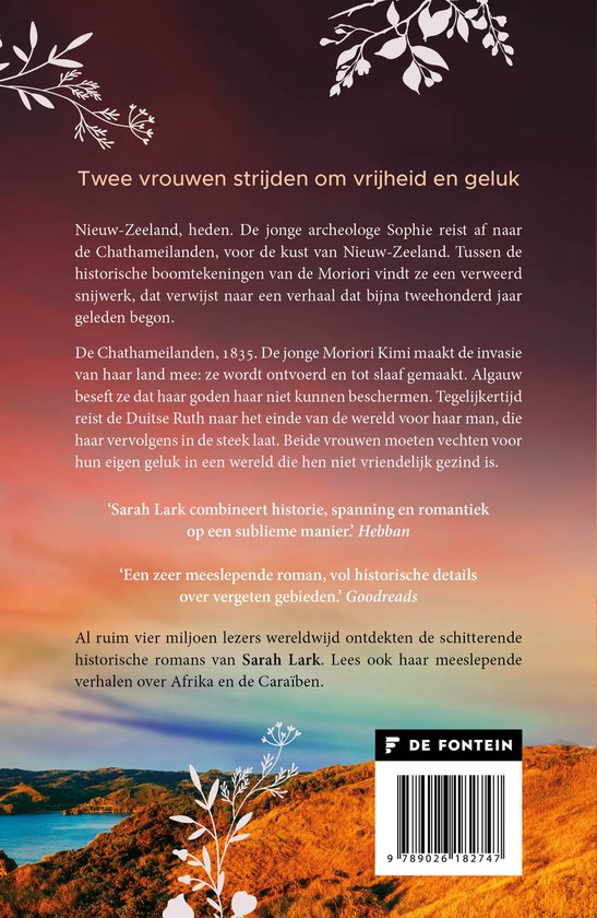 Achterkant boek: Twee vrouwen strijden. Landkaart van Nieuw-Zeeland. Text over Sarah Lark haar boeken.