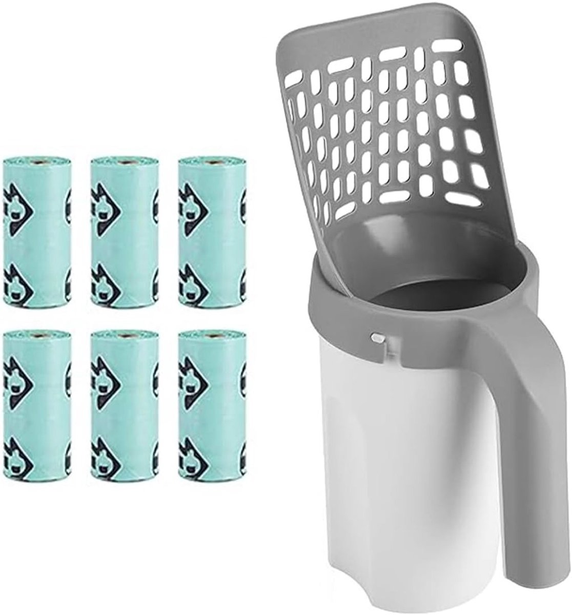 Handige 2-in-1 Kattenbakschep met Container en Afvalzakken - Ideaal voor Klonterende Kattenbakvulling, Inclusief 7 Rollen Afvalzakken en Ergonomisch Ontwerp