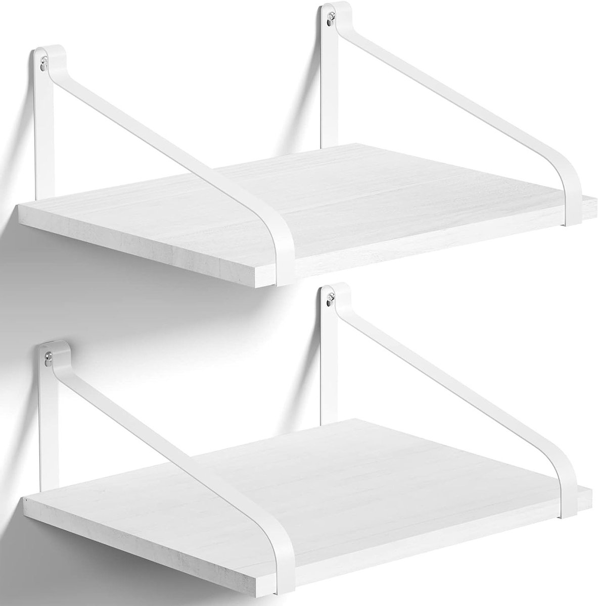 Witte Wandplank Set van 2, Zwevende Plank van Hout en Metaal, Moderne Decoratie voor Keuken, Woonkamer en Badkamer, 42 x 31 x 18 cm