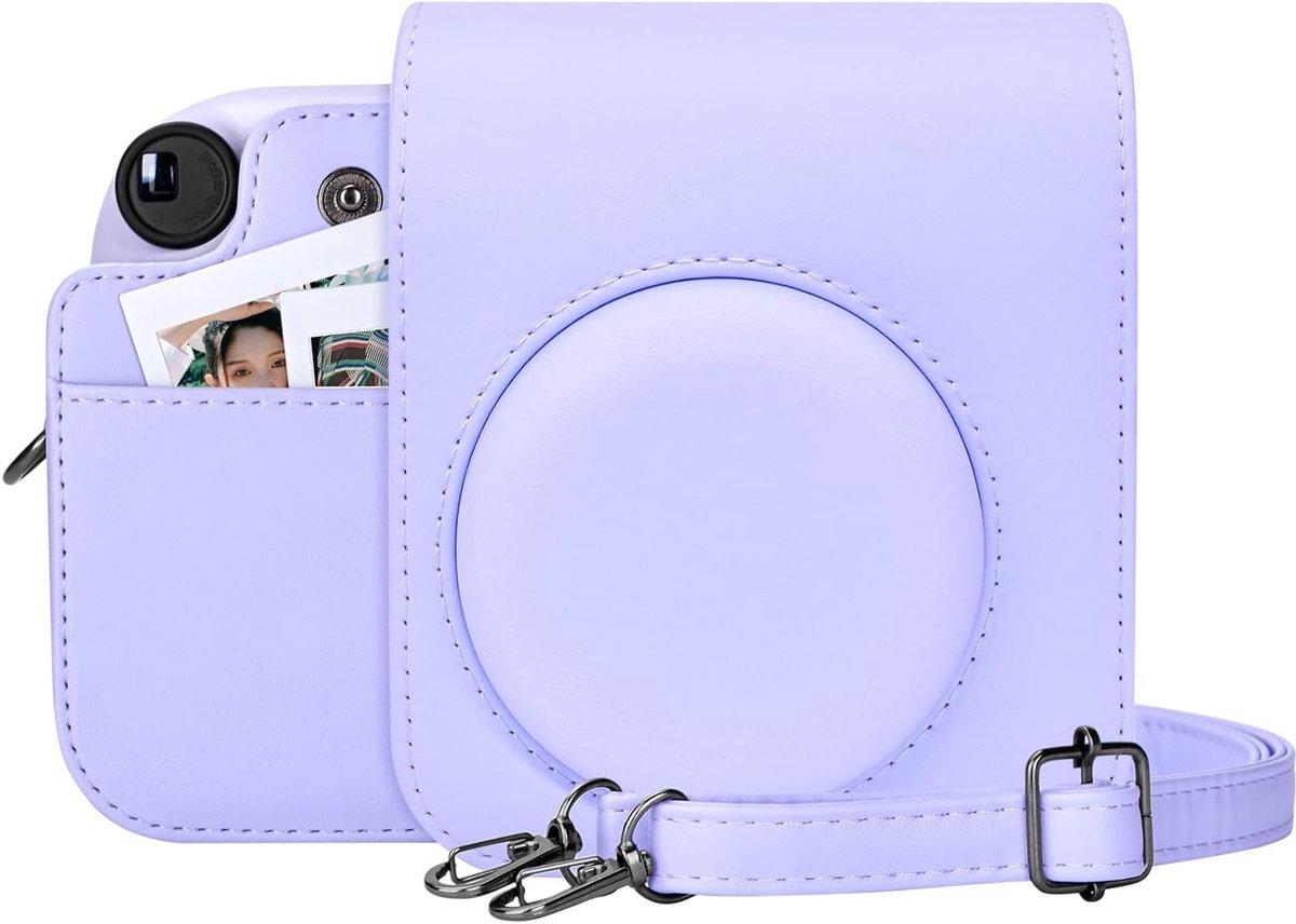 Camera Case voor Fuji Instax Mini 12 - PU Leren Tas met Schouderriem en Foto Pocket - Magnetische Sluiting, Paars