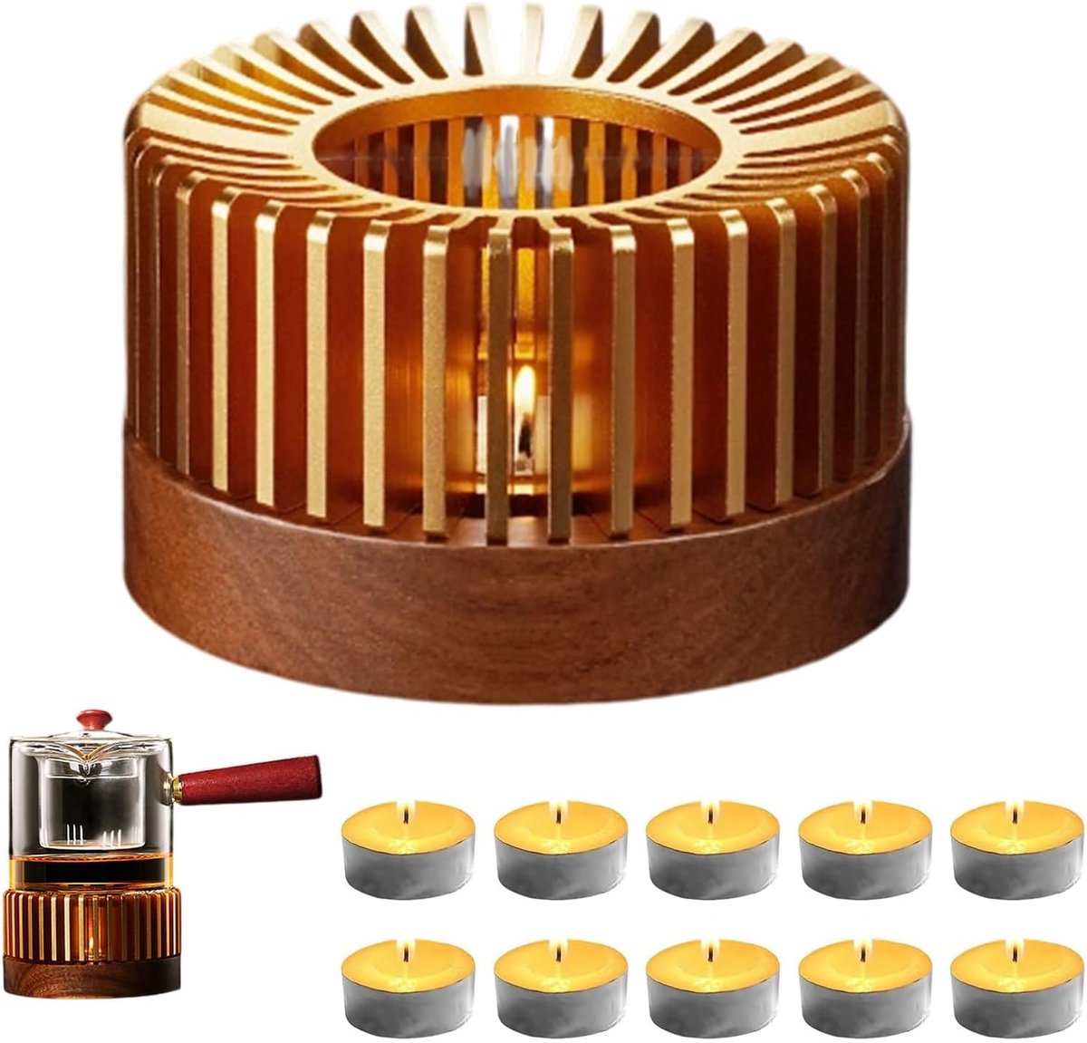 Theepot Warmer - Koffie Warmer - Warm Houden - Houten Basis - 11 x 11 x 6 cm - Goud