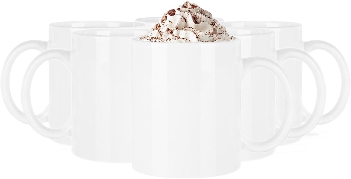 Set van 6 Witte Keramische Kopjes Met Hendel Voor Koffie en Thee 300 ml