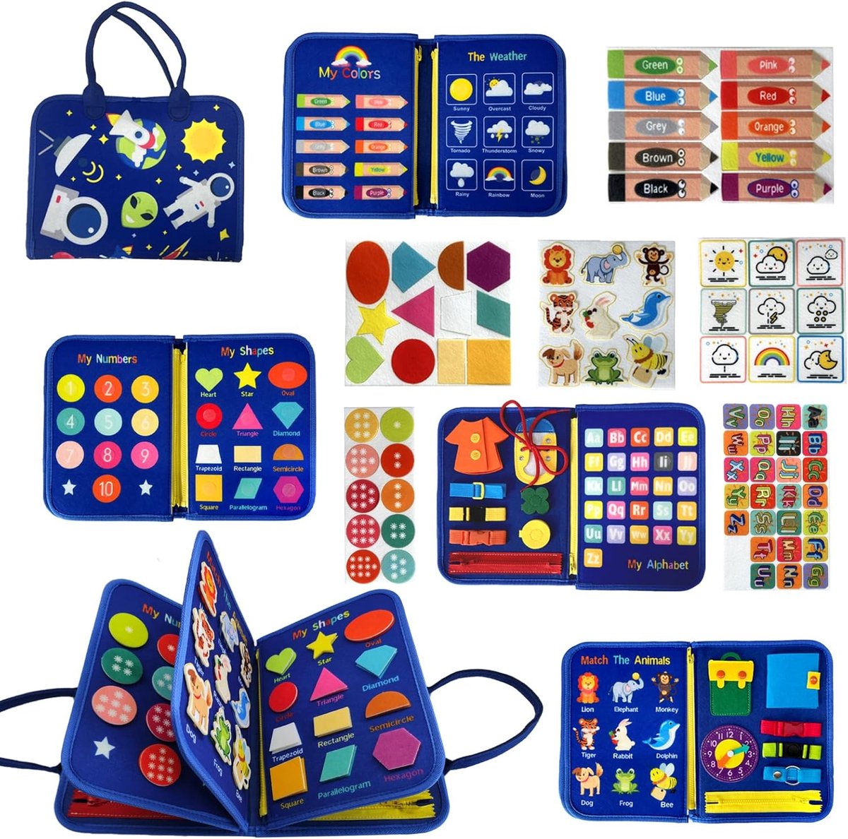Busy Board Vilt - Leerbord Montessori - Basisvaardigheden Leren - 4 Lagen Interactief - 28 x 22 cm - Blauw