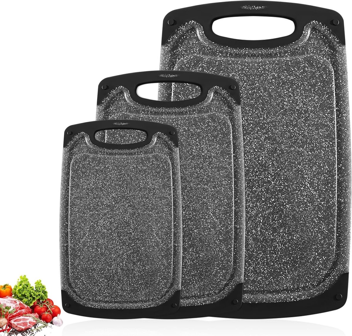 3-delige Snijplank Set met Handvat, Antislip en Sapprofiel - Voor Vlees, Groente & Fruit