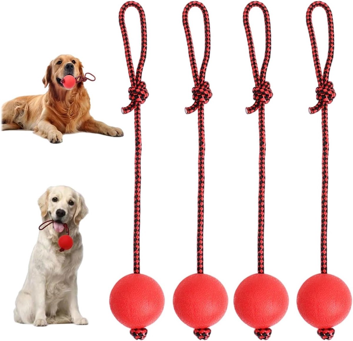 SnelShoppen – 4 stuks Natuurlijke Rubber Werpbal voor Honden, Elastisch Hondenspeelgoed met Touw, Zacht en Duurzaam Hondenspeelgoed, Groot voor Traini