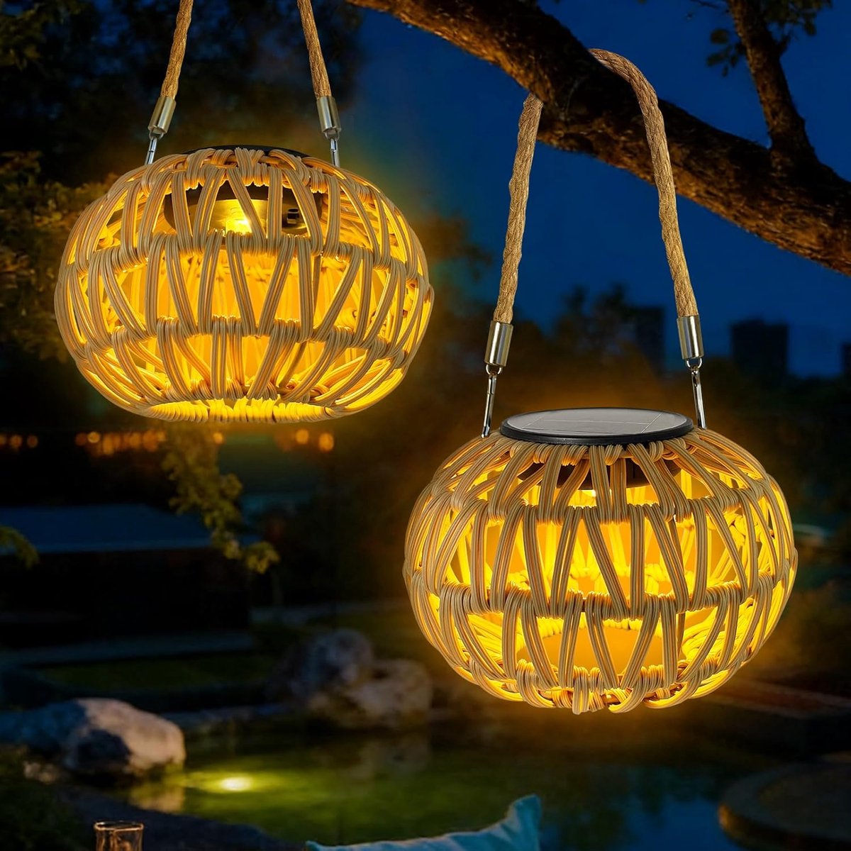 Solar Lantaarns - Buitenlampen Tuin - Sfeerverlichting Buiten - Handgeweven Rotan - 16x16x