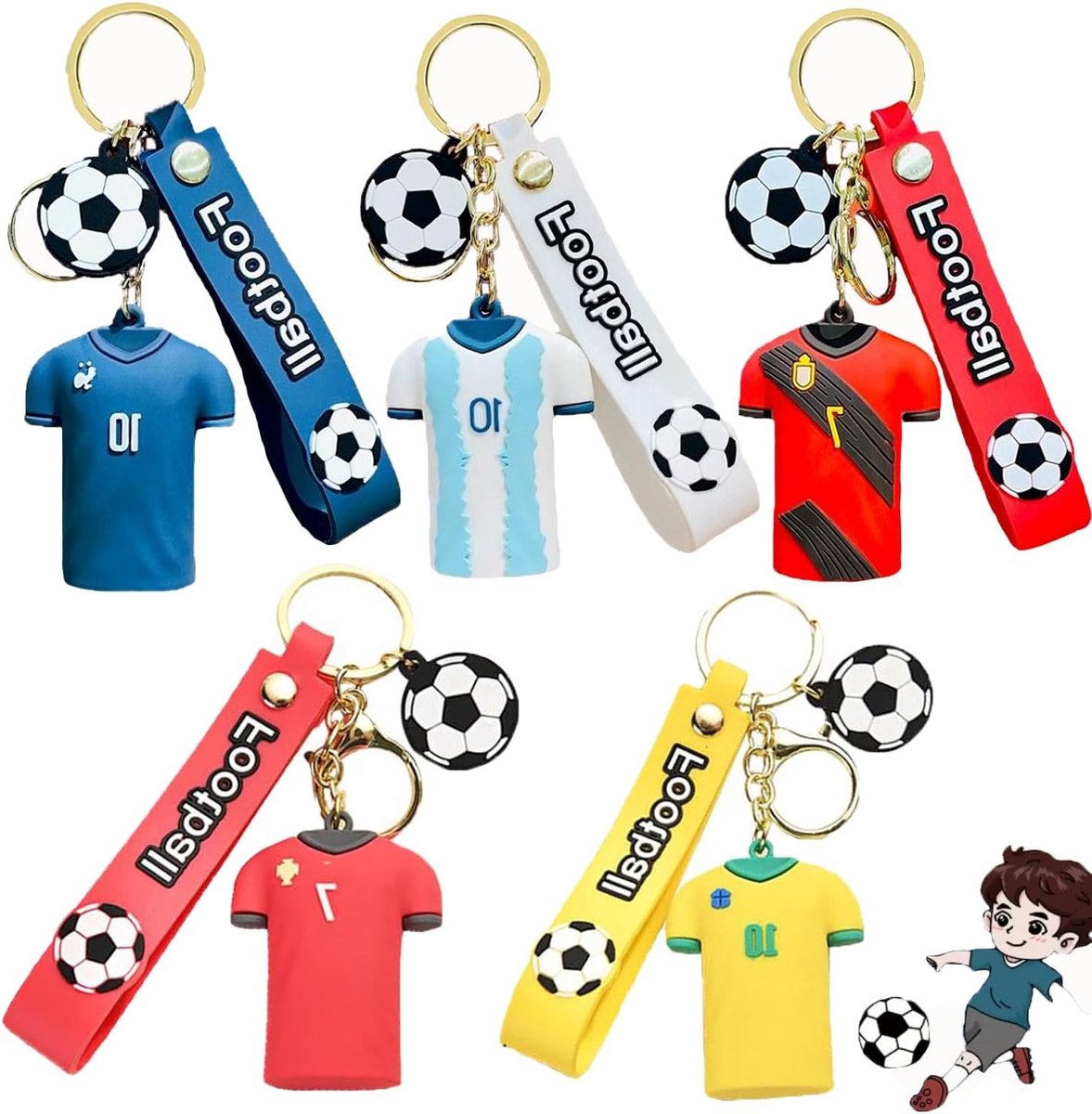 Vijfdelige Sleutelhanger Set met Voetbalshirt, Inspirerende Voetbal Ornamenten en Mini Sleutelhangers voor Sportliefhebbers