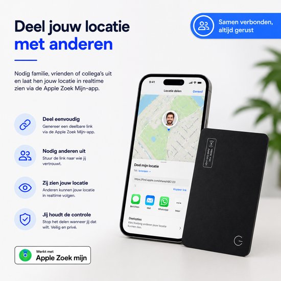 Locatie Tracker - GPS Tracker - GPS Volgsysteem - Waterbestendig - Ultradunne GPS Tracker - 1,7mm - Compatibel met Apple Find My - Draadloos Oplaadbaar - Voor Portemonnee en Bagage - Zwart