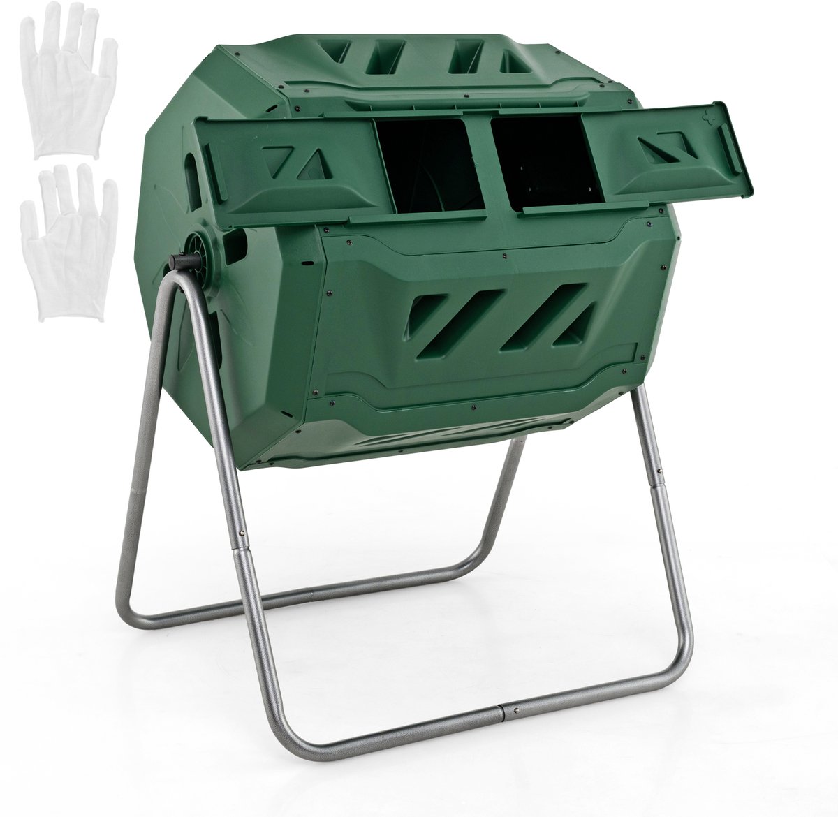 COSTWAY 160 liter trommelcompostbak, tuincompostbak, dubbele kamer, 360 graden draaibaar, compostcentrifuge met 2 schuifdeuren en handschoenen, snelcomposter van PP en metaal, voor tuin balkon, 70 x60 ×93 cm, Groen